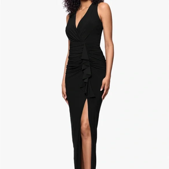 Betsy & Adam Black Ruched V-Neck Maxi Dress